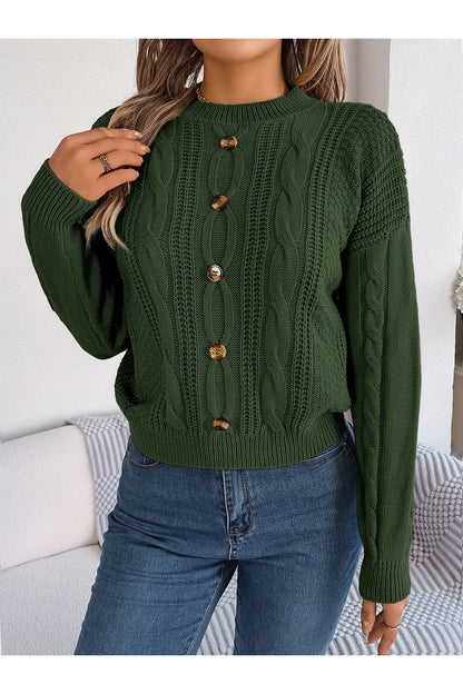 Cable-Knit Buttoned Round Neck Sweater - Pullover Sweaters - FITGGINS