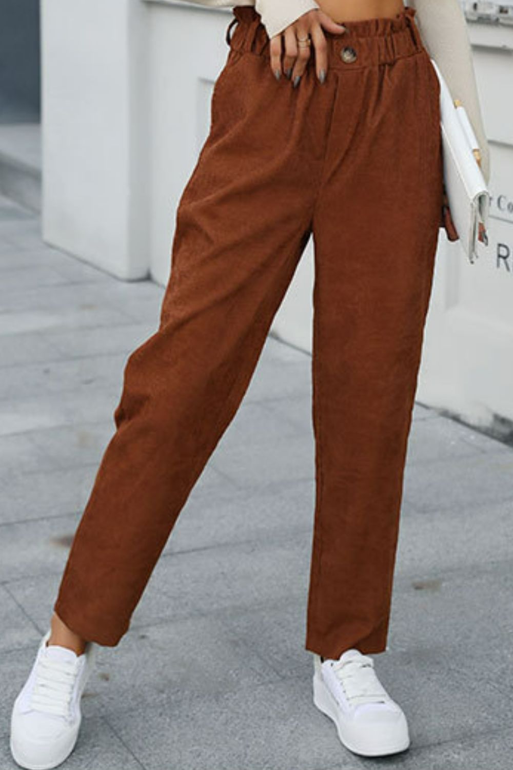 Perfee Paperbag Waist Straight Leg Pants with Pockets - Pants - FITGGINS