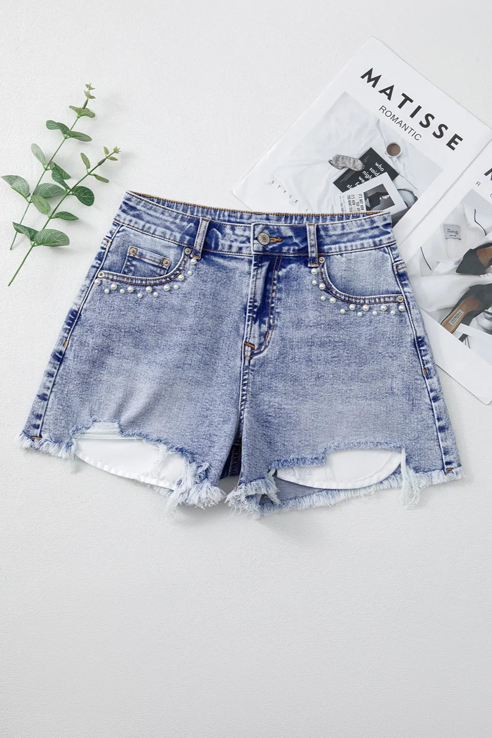 Pearl Studded Pockets Raw Hem Denim Shorts Fitggins