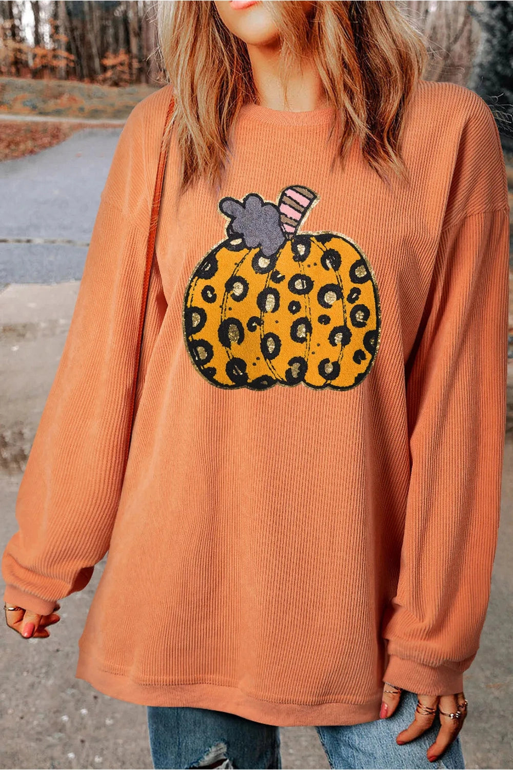 Pumpkin Round Neck Long Sleeve Sweatshirt - Sweatshirts & Hoodies - FITGGINS