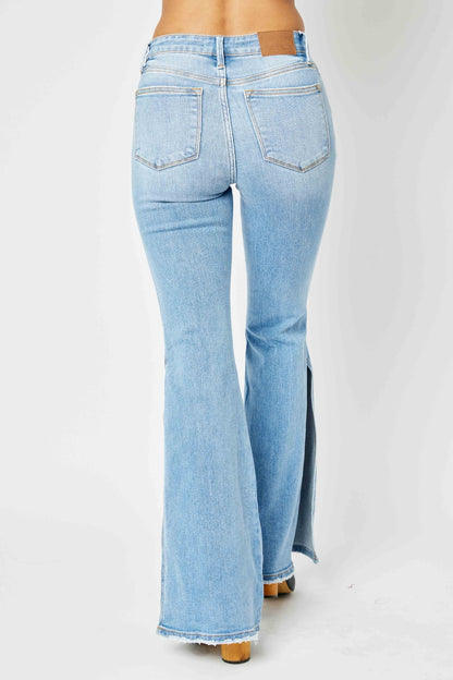 Judy Blue Full Size Mid Rise Raw Hem Slit Flare Jeans - Jeans - FITGGINS