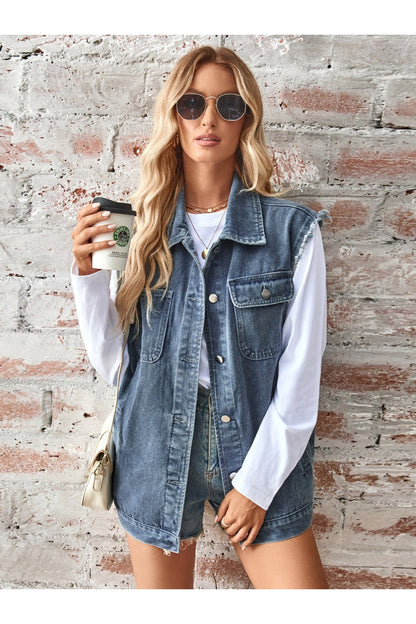 Raw Hem Sleeveless Button Up Denim Jacket - Denim Jackets - FITGGINS