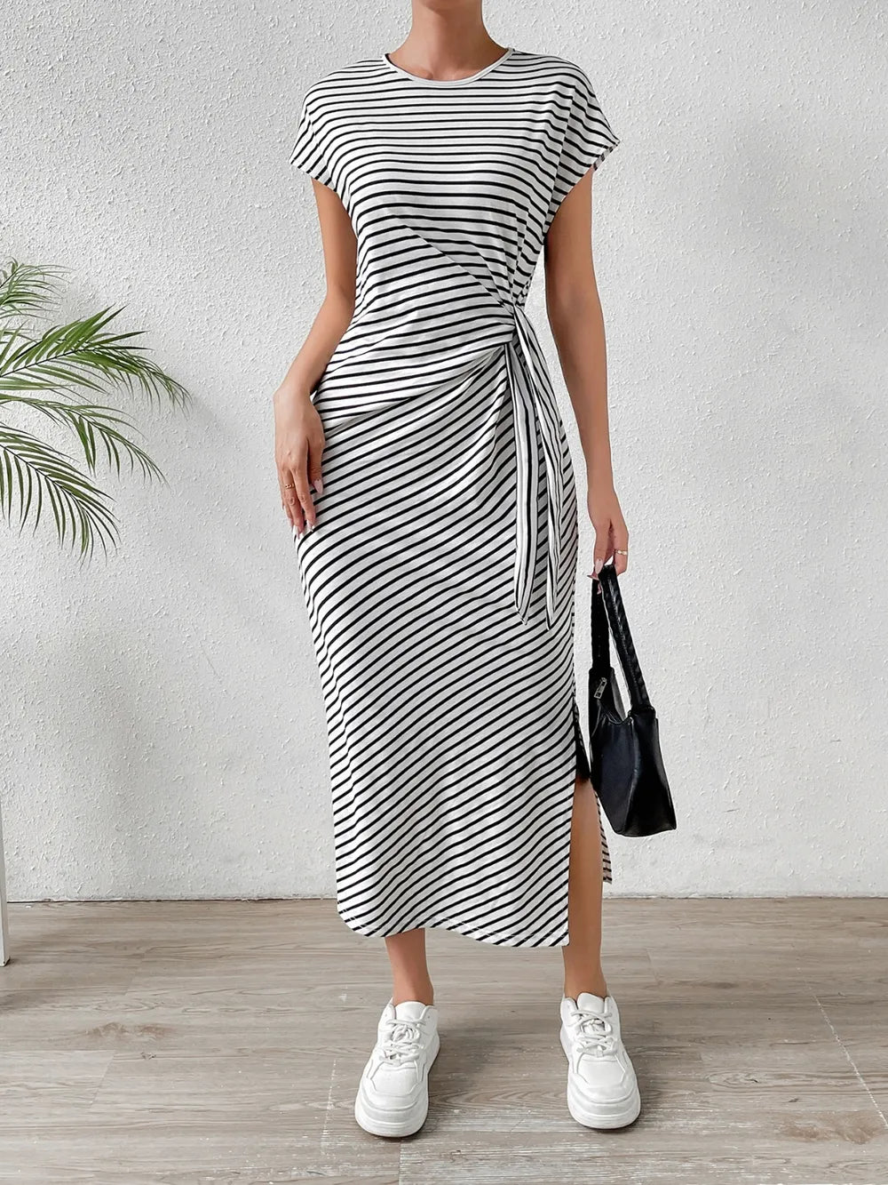 Honey Tied Striped Round Neck Short Sleeve Tee Dress Fitggins