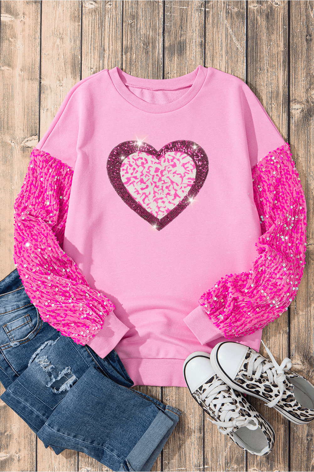 Valentine’s Day Sequin Heart Long Sleeve Sweatshirt - Sweatshirts & Hoodies - FITGGINS