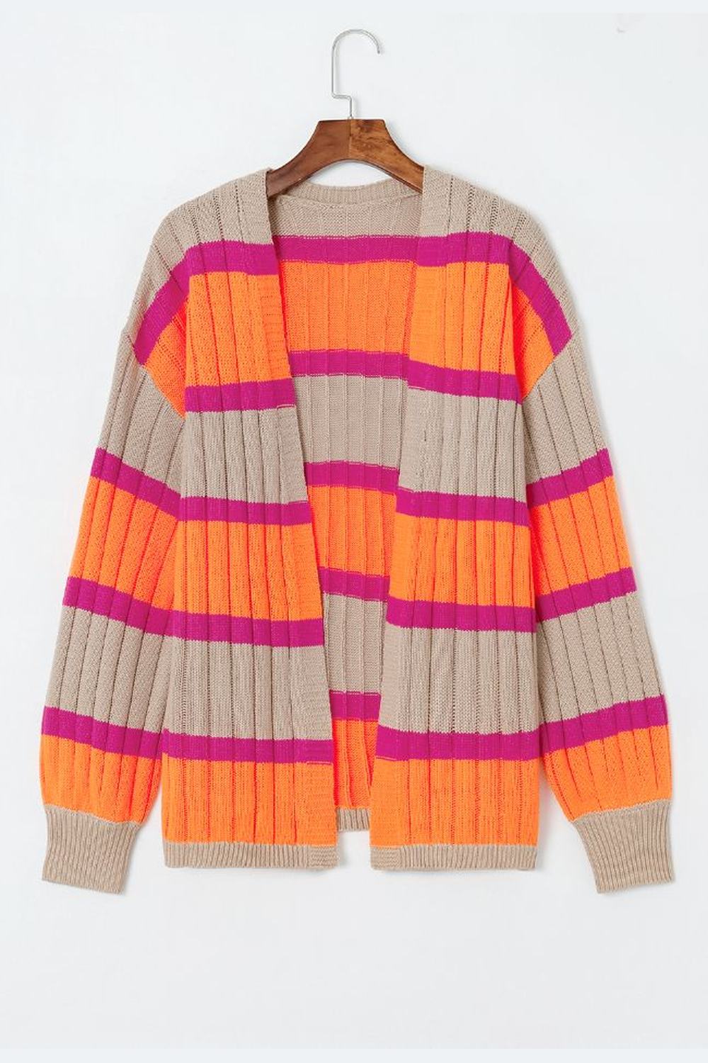 Contrast Striped Drop Shoulder Open Front Cardigan - Cardigans - FITGGINS