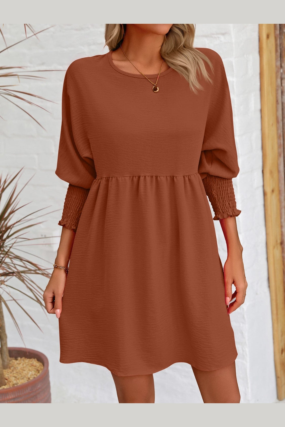 Round Neck Lantern Sleeve Mini Dress - Casual & Maxi Dresses - FITGGINS