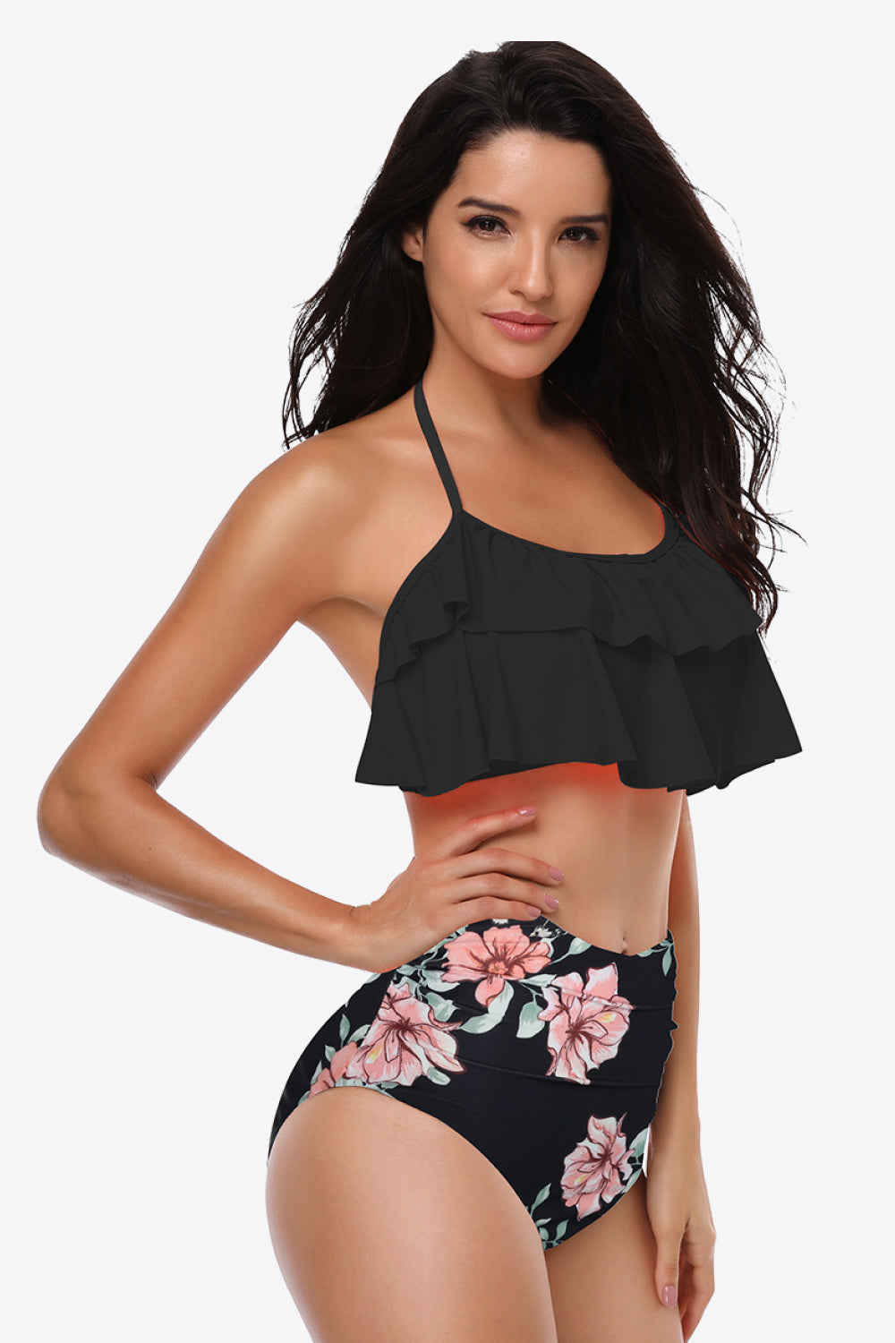 Two-Tone Ruffled Halter Neck Two-Piece Swimsuit - Bikinis & Tankinis - FITGGINS