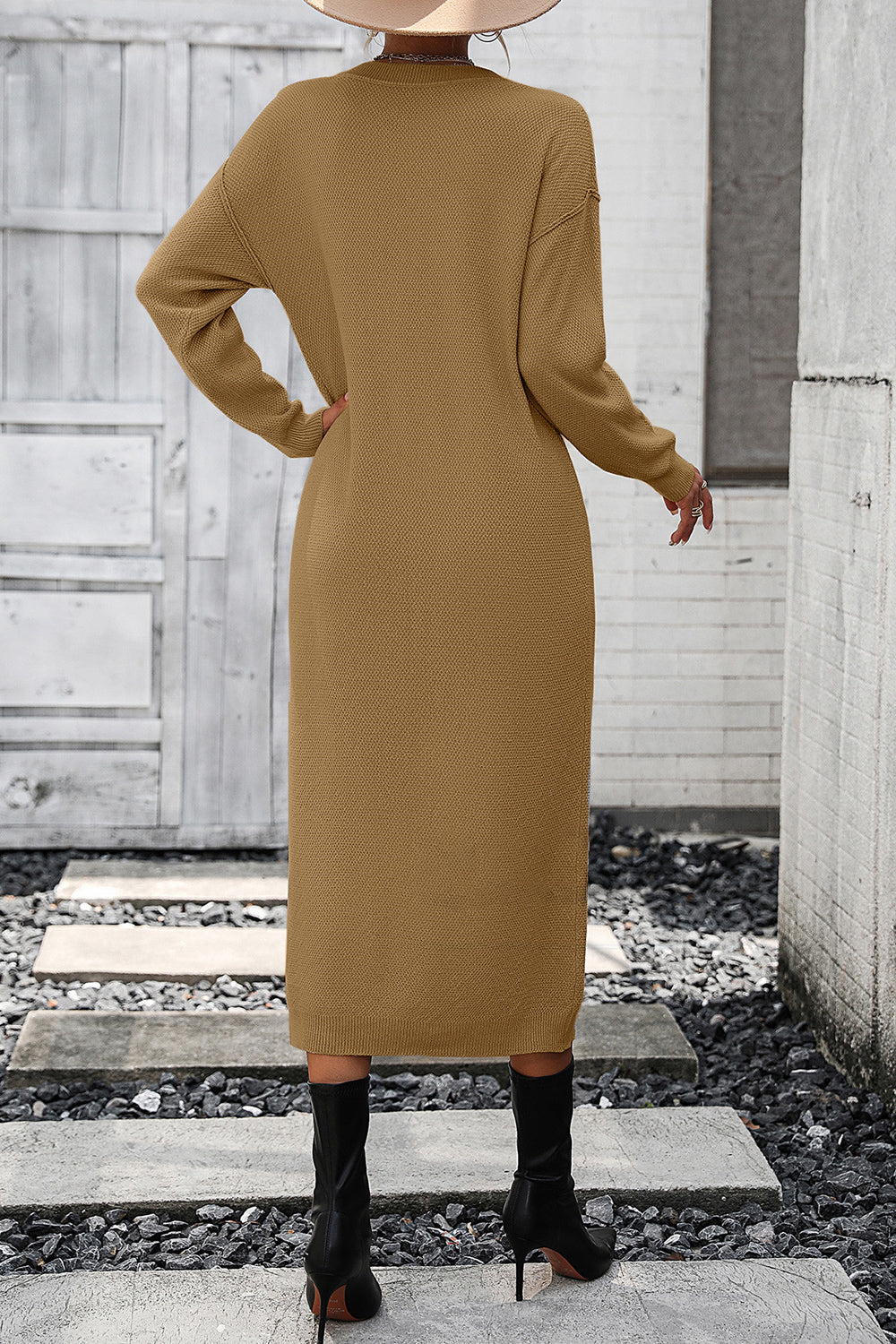 Decorative Button Notched Dropped Shoulder Sweater Dress - Sweater Dresses - FITGGINS