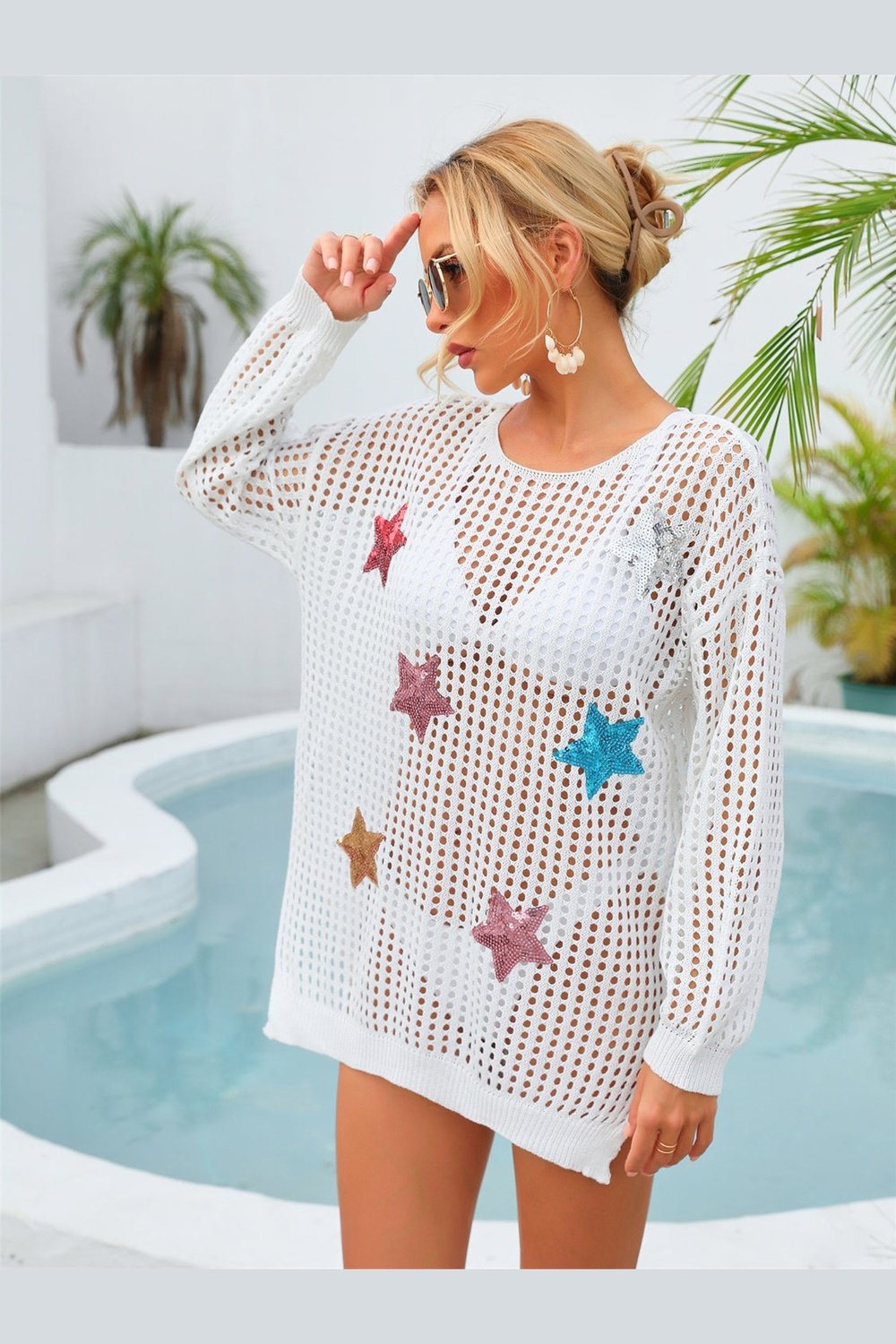 Sequin Star Round Neck Long Sleeve Cover Up - Cover-Ups - FITGGINS