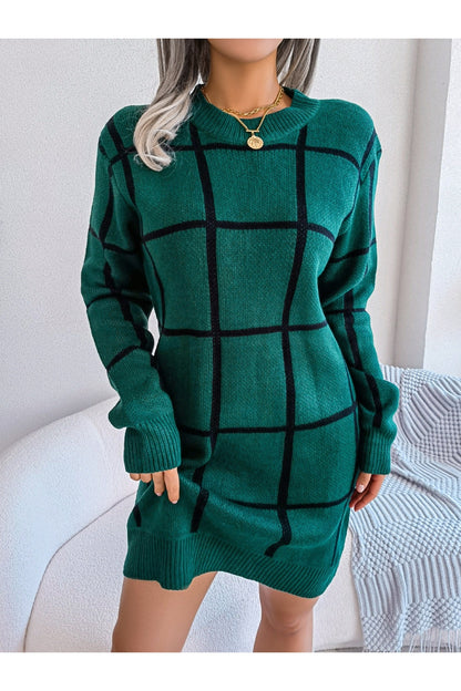 Plaid Round Neck Dropped Shoulder Sweater Dress - Sweater Dresses - FITGGINS