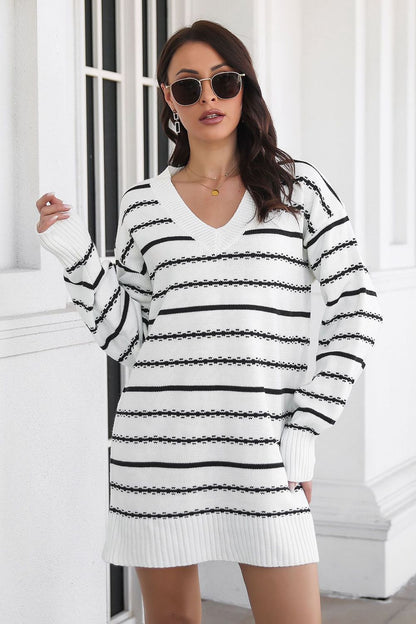 Striped V-Neck Sweater Dress - Sweater Dresses - FITGGINS