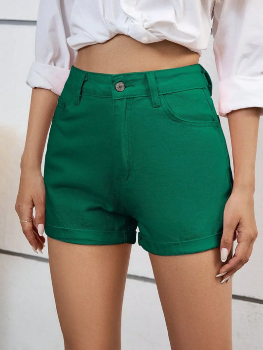 High Waist Denim Shorts Dark Green Fitggins