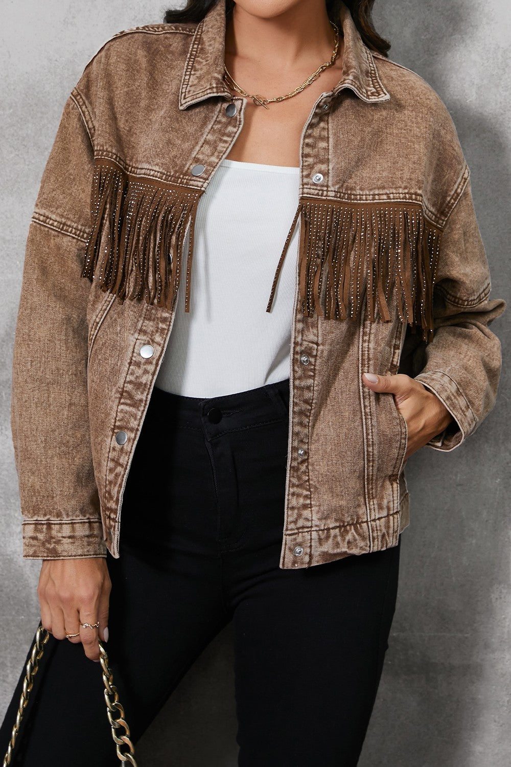 Fringe Trim Snap Down Denim Jacket - Denim Jackets - FITGGINS