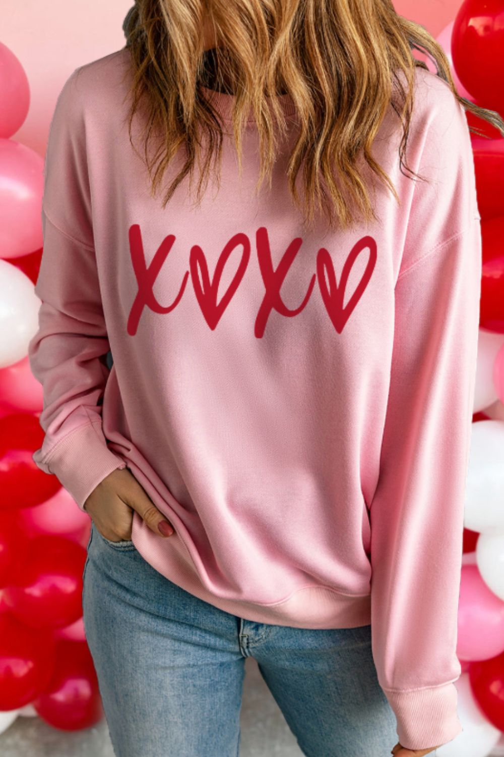 Valentine’s Day XOXO Round Neck Drop Shoulder Sweatshirt - Sweatshirts & Hoodies - FITGGINS