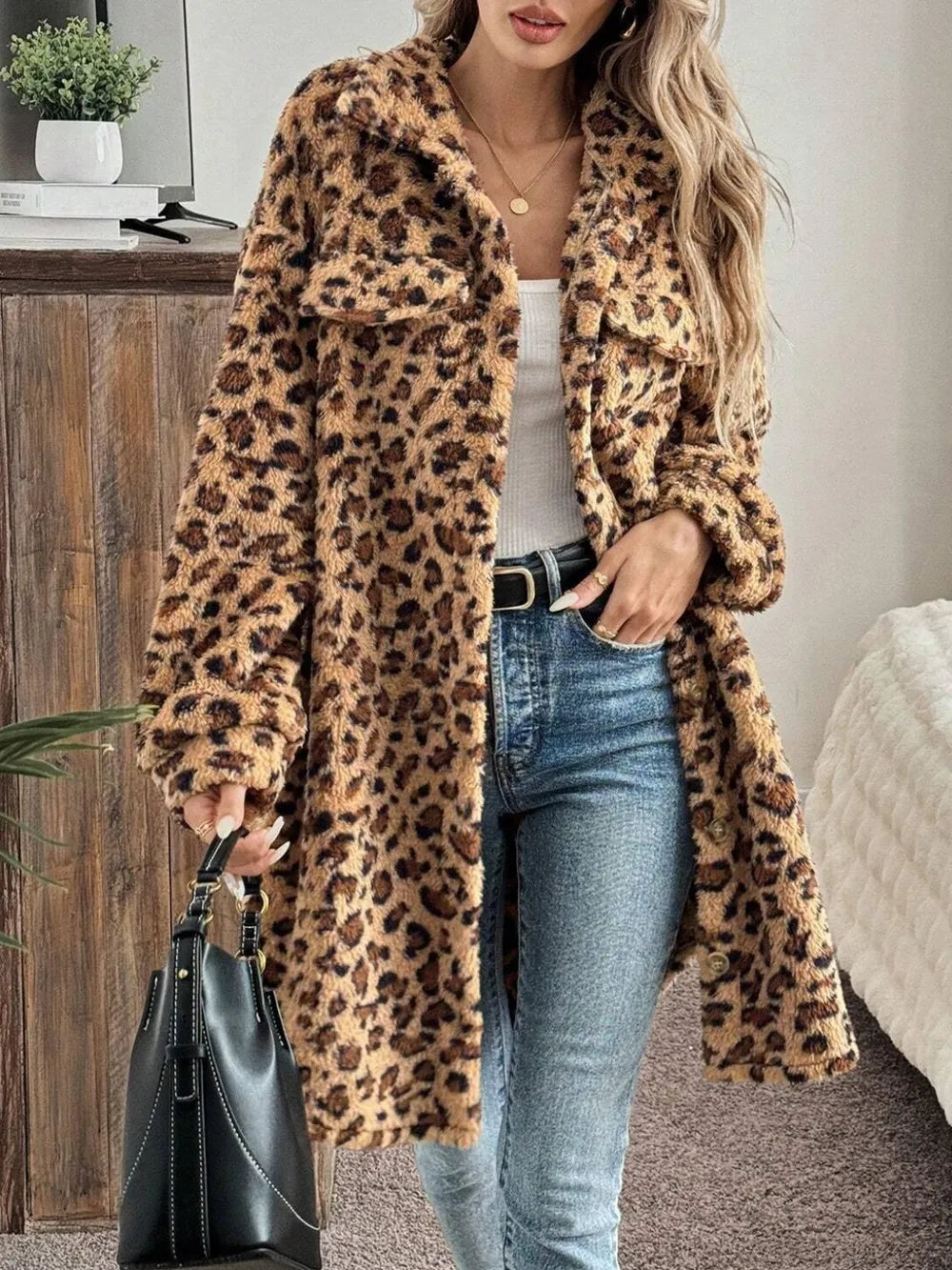 Leopard Button-Up Long Sleeve Fuzzy Coat Fitggins