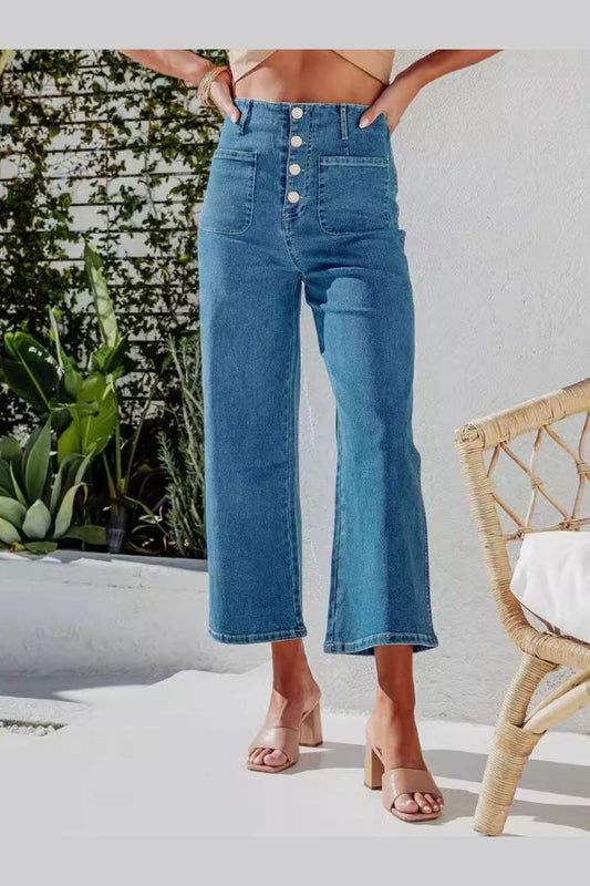 Women's Button Fly Cropped Jeans with Pockets