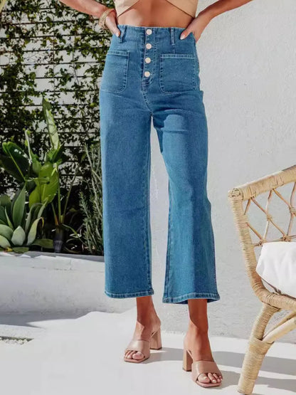 Button Fly Cropped Jeans with Pockets Fitggins