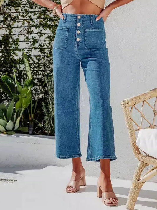 Button Fly Cropped Jeans with Pockets Fitggins
