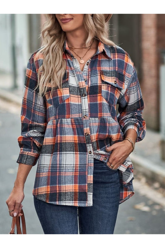 Plaid Button Up Dropped Shoulder Shirt - Shirts - FITGGINS