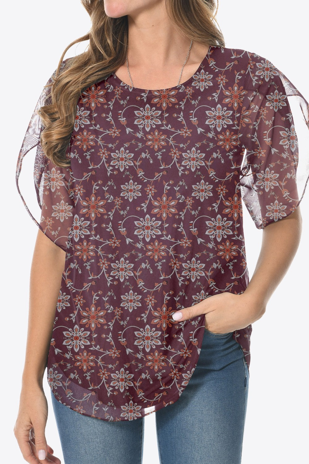 Printed Round Neck Curved Hem Blouse - Blouses - FITGGINS