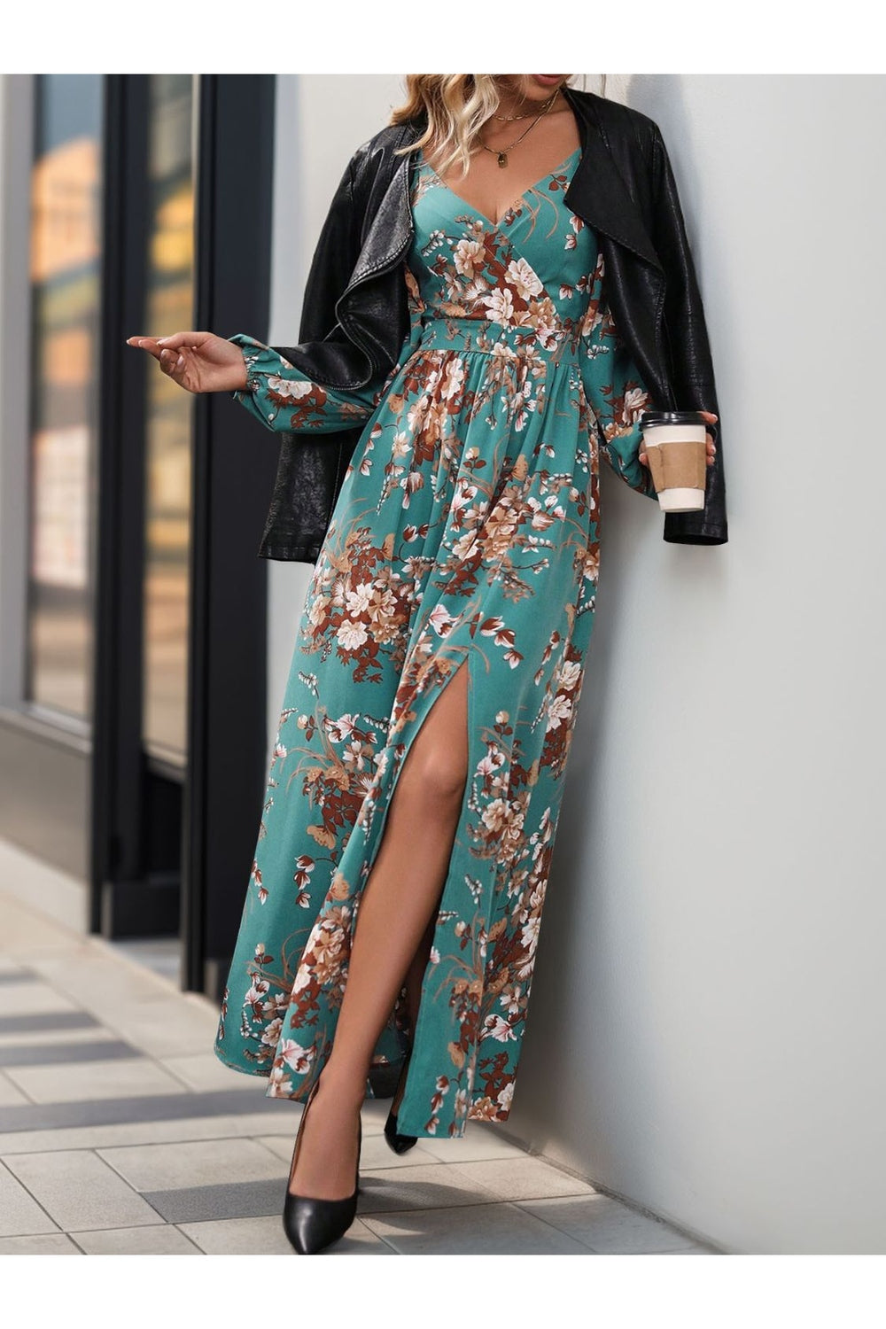 Perfee Slit Printed Surplice Long Sleeve Maxi Dress - Casual & Maxi Dresses - FITGGINS