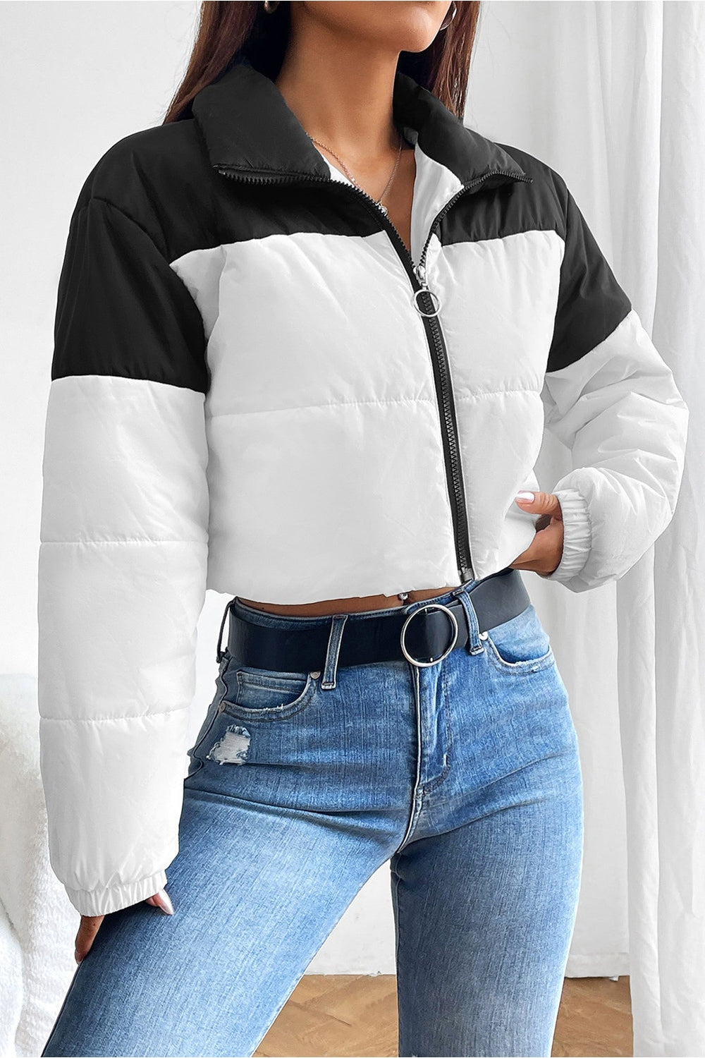 Collared Neck Color Block Puffer Jacket - Jackets - FITGGINS