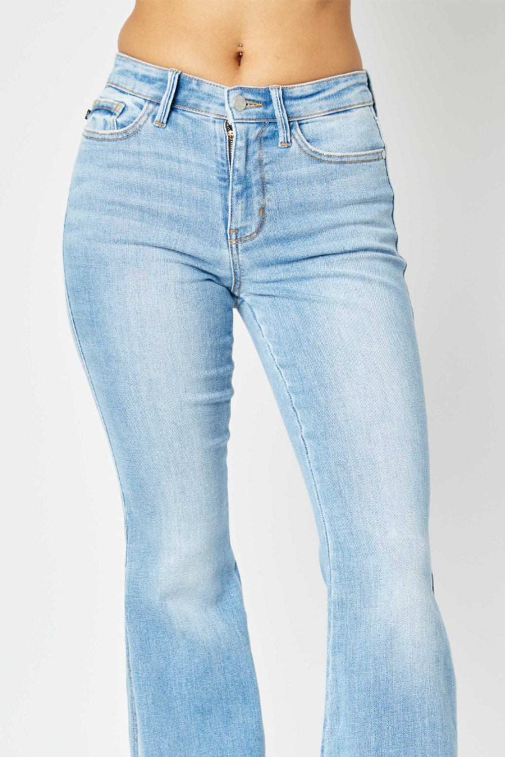 Judy Blue Full Size Mid Rise Raw Hem Slit Flare Jeans - Jeans - FITGGINS