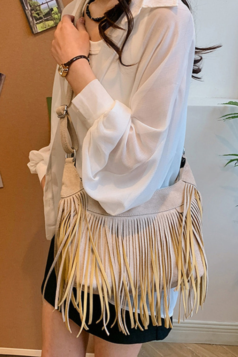 Suede Fringe Adjustable Strap Shoulder Bag - Handbag - FITGGINS