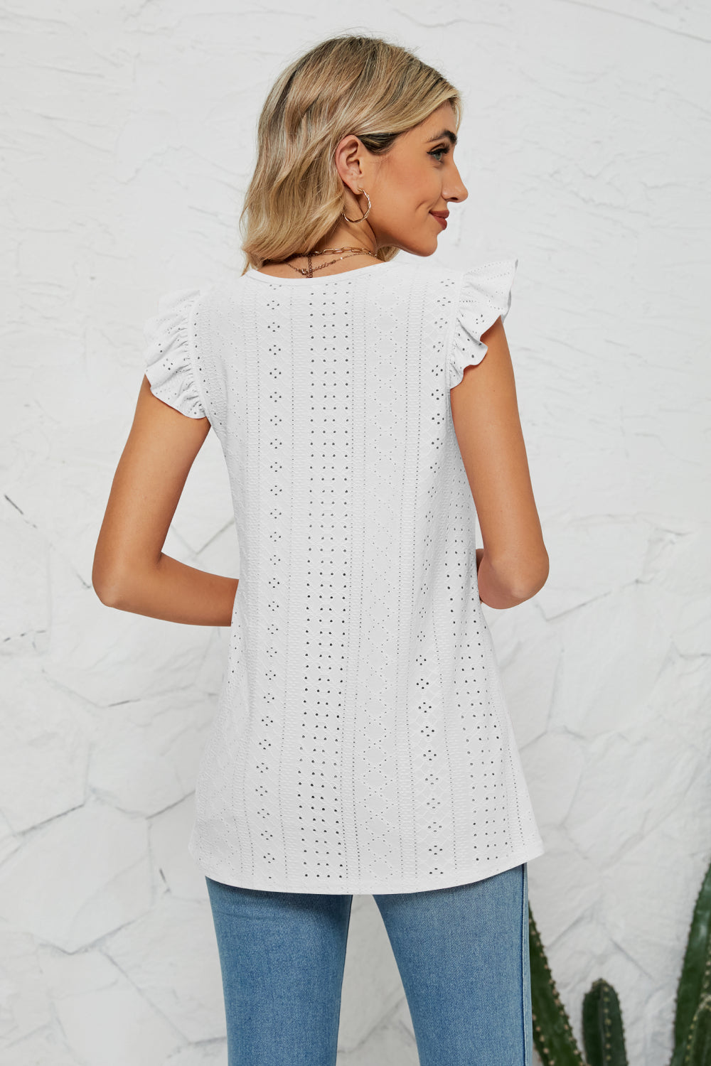 Smocked Round Neck Eyelet Top Fitggins