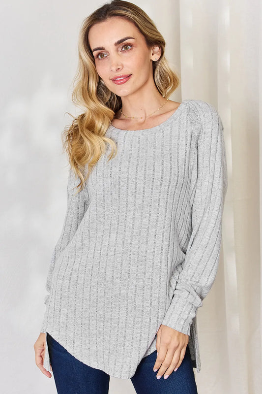 Basic Bae Full Size Ribbed Round Neck Slit T-Shirt Light Gray Fitggins