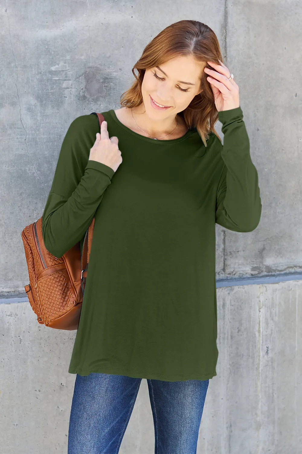 Basic Bae Full Size Round Neck Dropped Shoulder T-Shirt Army Green Fitggins