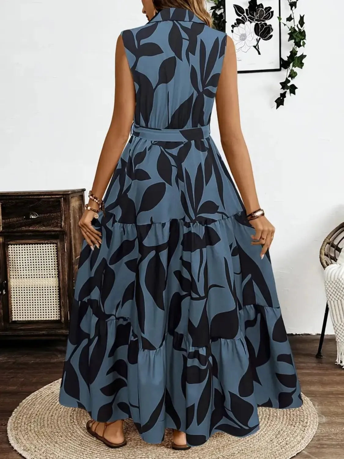Printed Tie Waist Sleeveless Maxi Dress Fitggins