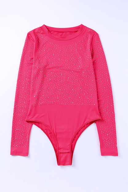 Rhinestone Round Neck Long Sleeve Bodysuit Fitggins