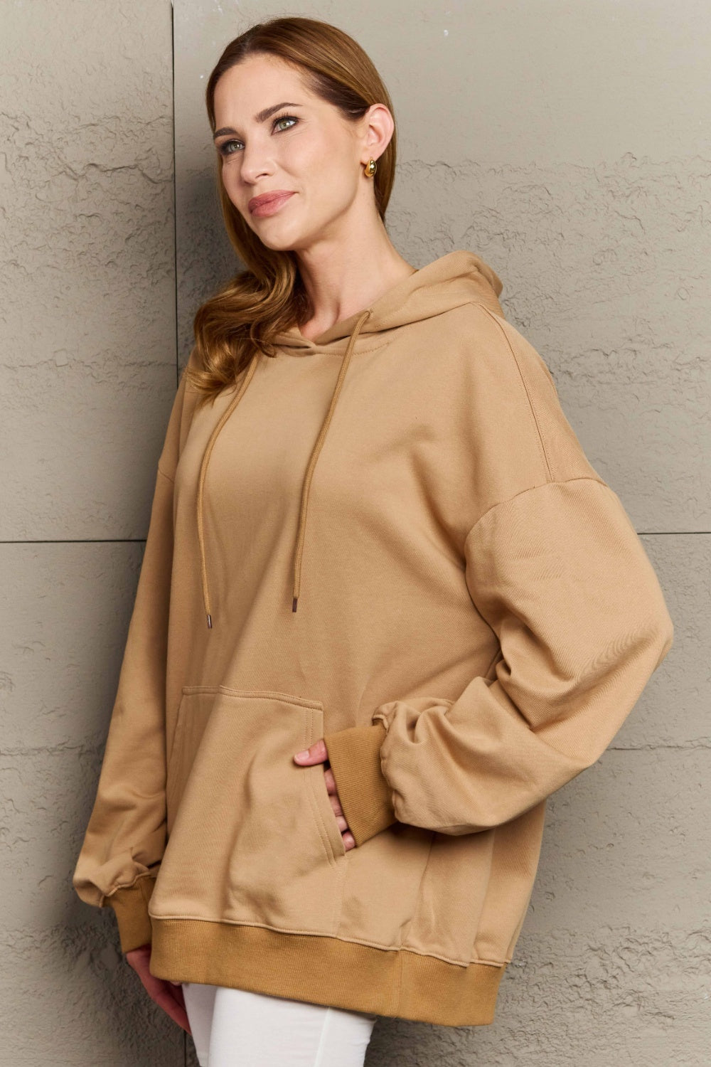 Full Size Long Sleeve Dropped Shoulder Hoodie - Sweatshirts & Hoodies - FITGGINS