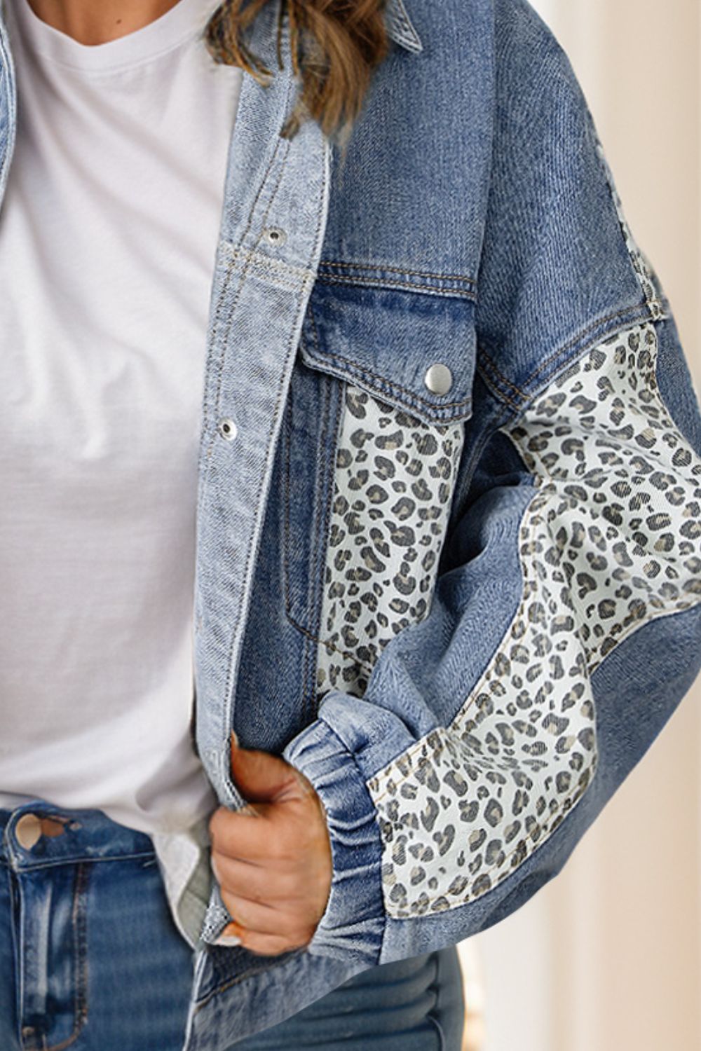 Plus Size Leopard Long Sleeve Denim Jacket - Denim Jackets - FITGGINS