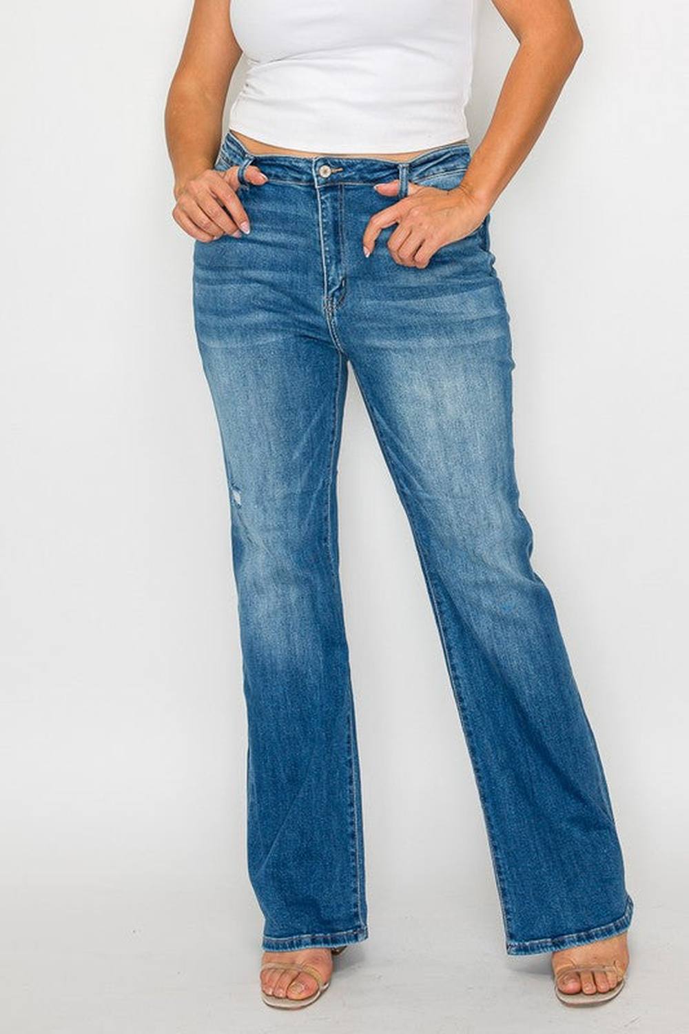 bytos Full Size Distressed High Rise Jeans with Pockets - Jeans - FITGGINS