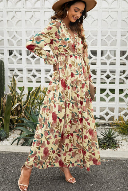 Floral Frill Trim Flounce Sleeve Plunge Maxi Dress Fitggins