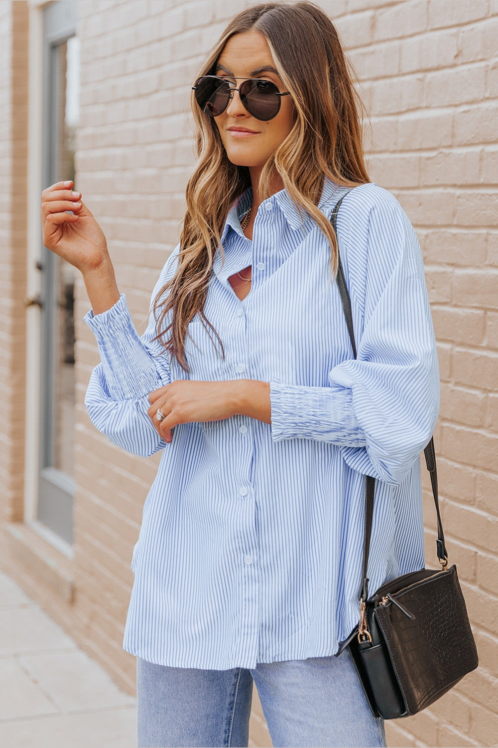 Striped Lantern Sleeve Collared Shirt - Shirts - FITGGINS