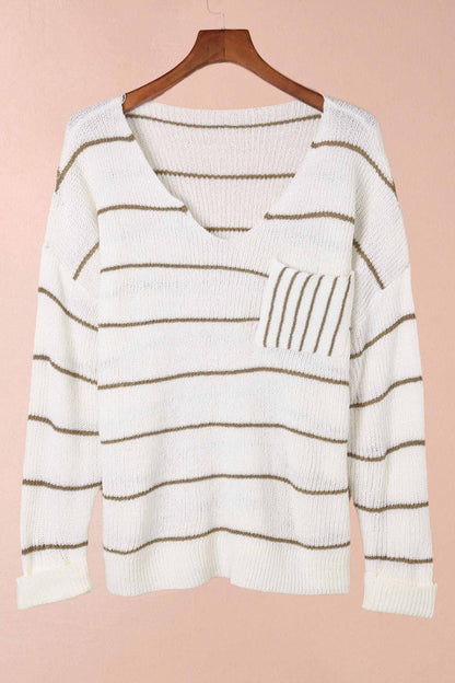 Striped V-Neck Drop Shoulder Sweater with Pocket - Pullover Sweaters - FITGGINS