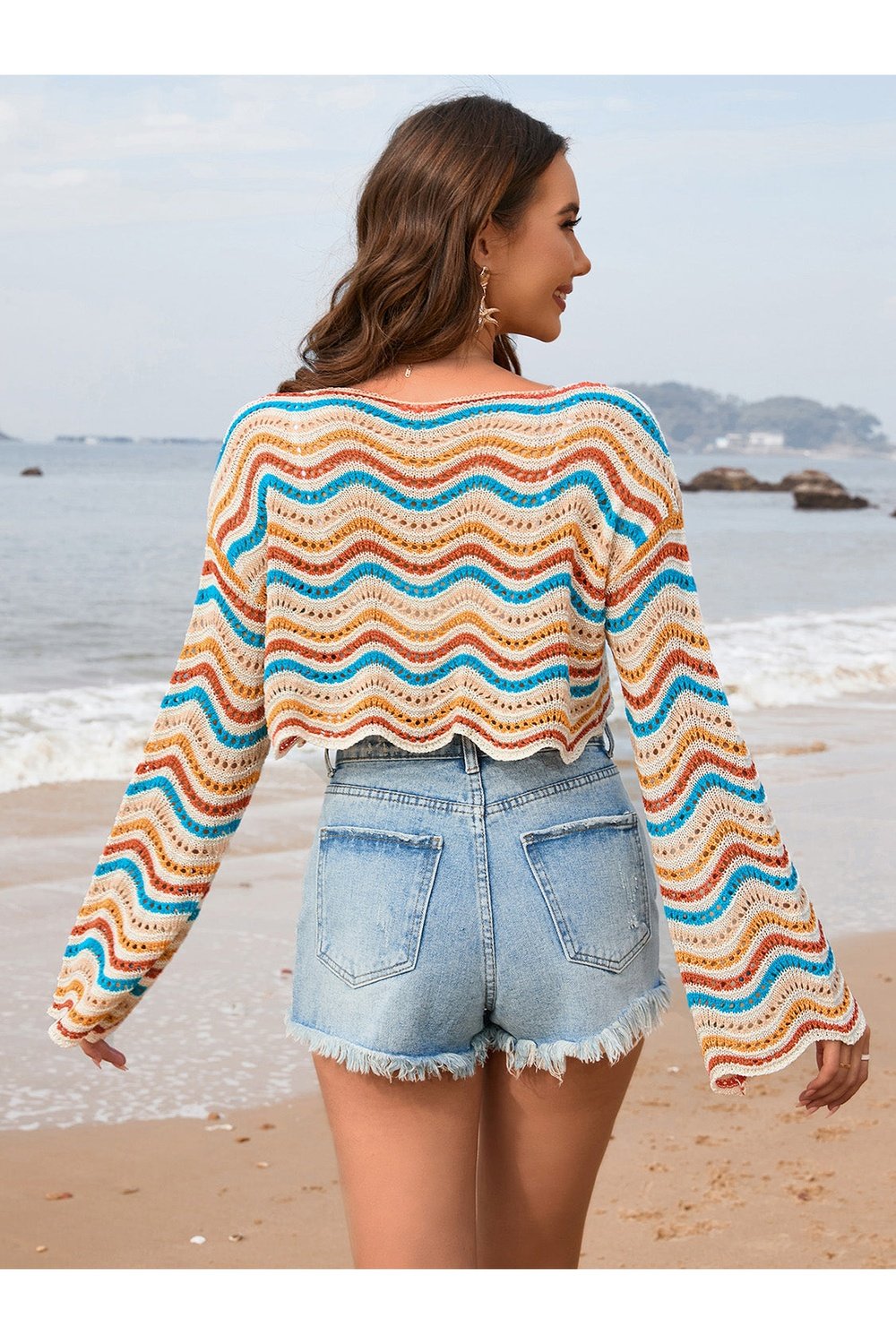 Striped Boat Neck Long Sleeve Cover Up - Cover-Ups - FITGGINS