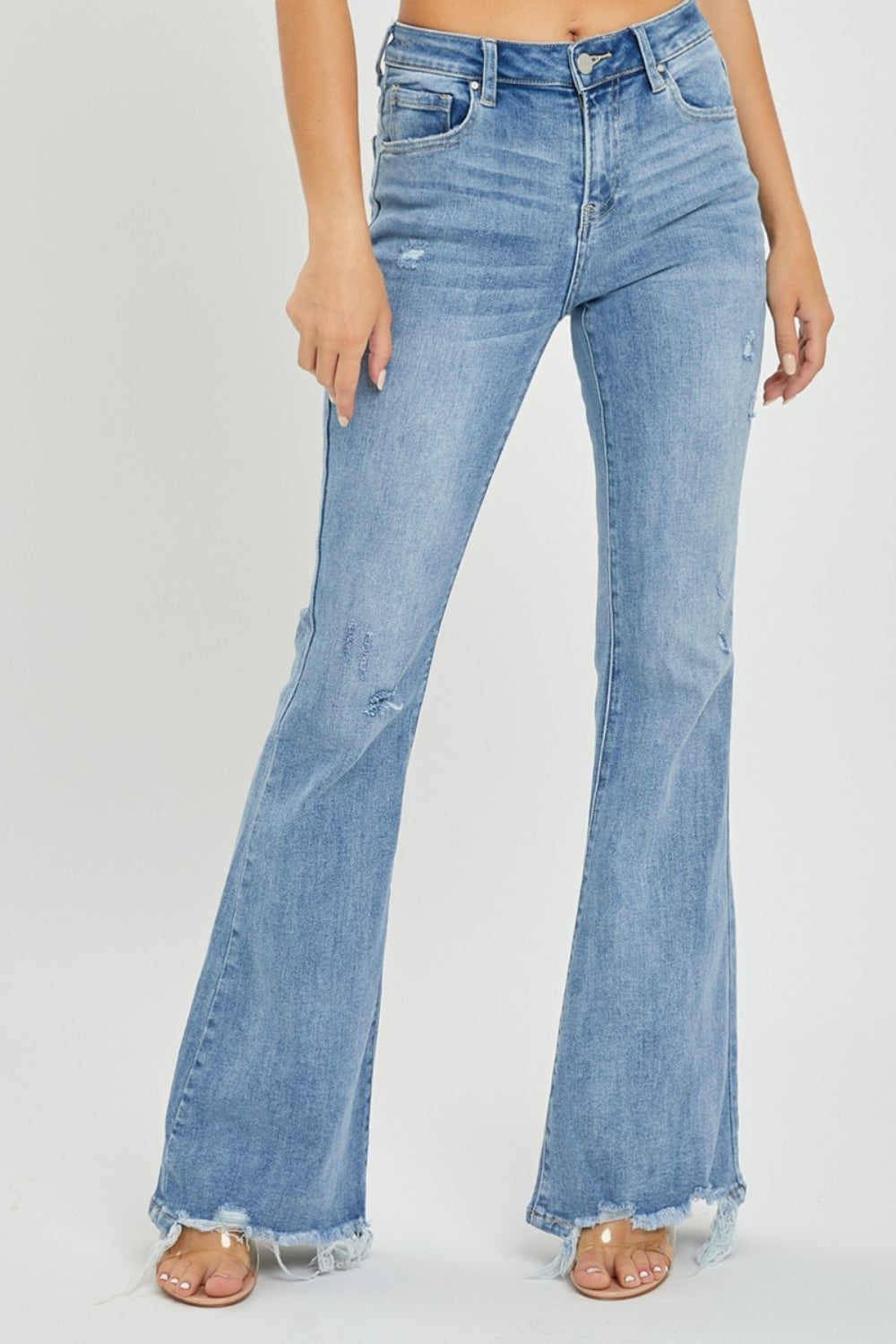 Risen Full Size High Rise Frayed Hem Flare Jeans - Jeans - FITGGINS