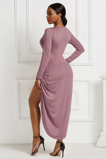 High-low Ruched Surplice Long Sleeve Dress Fitggins