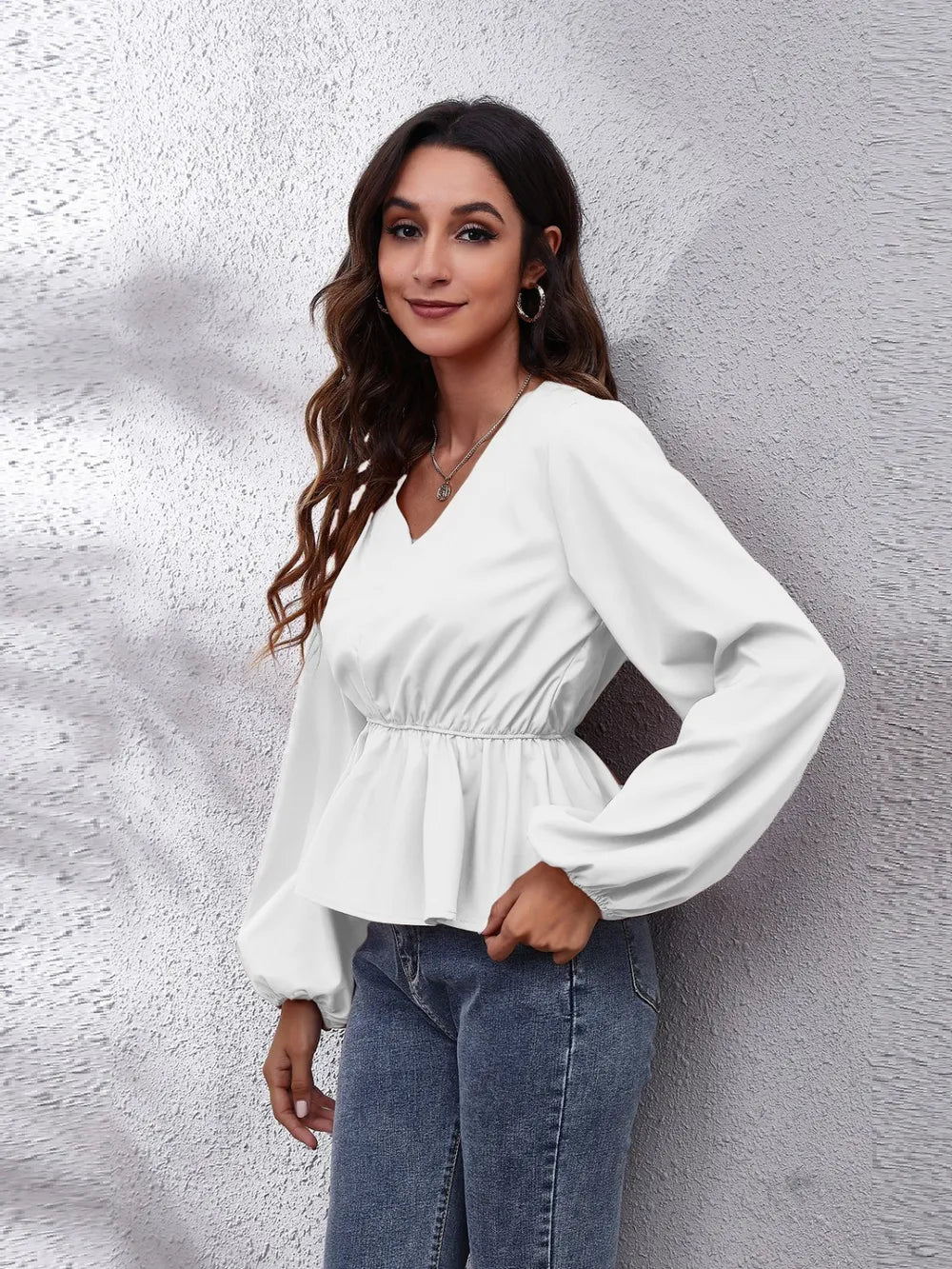 V-Neck Balloon Sleeve Peplum Blouse Fitggins