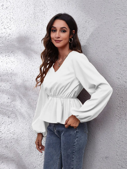 V-Neck Balloon Sleeve Peplum Blouse Fitggins