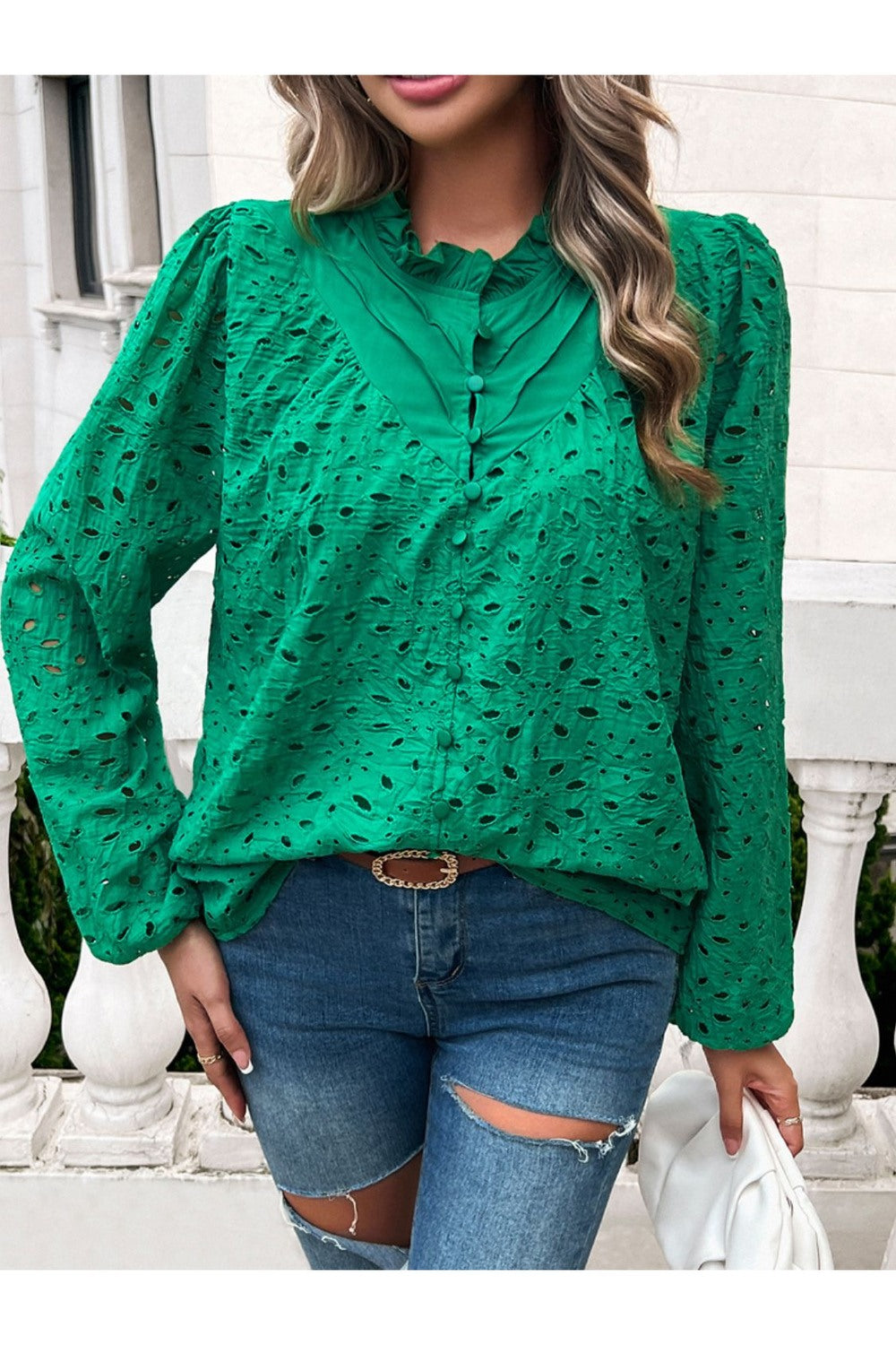 Devine Frill Long Sleeve Round Neck Shirt Fitggins