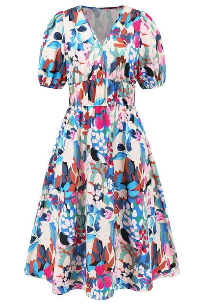 Ruched Printed Surplice Short Sleeve Dress - Casual & Maxi Dresses - FITGGINS