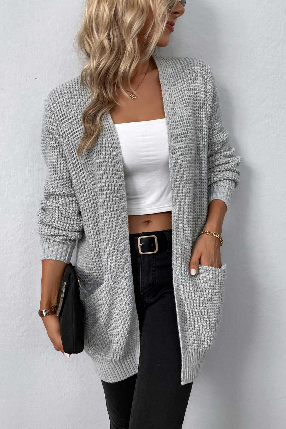 Rib-Knit Open Front Pocketed Cardigan Fitggins