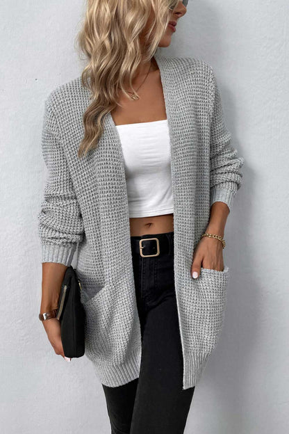 Rib-Knit Open Front Pocketed Cardigan Fitggins