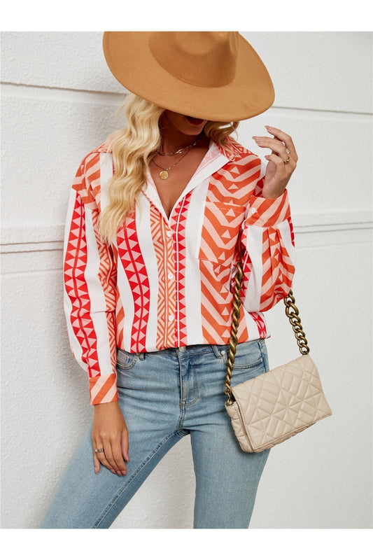 Geometric Pattern Long Sleeve Collared Shirt Fitggins