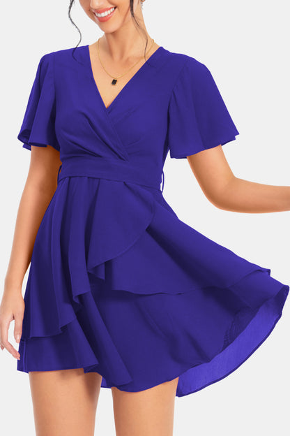 Surplice Neck Flutter Sleeve Dress - Casual & Maxi Dresses - FITGGINS